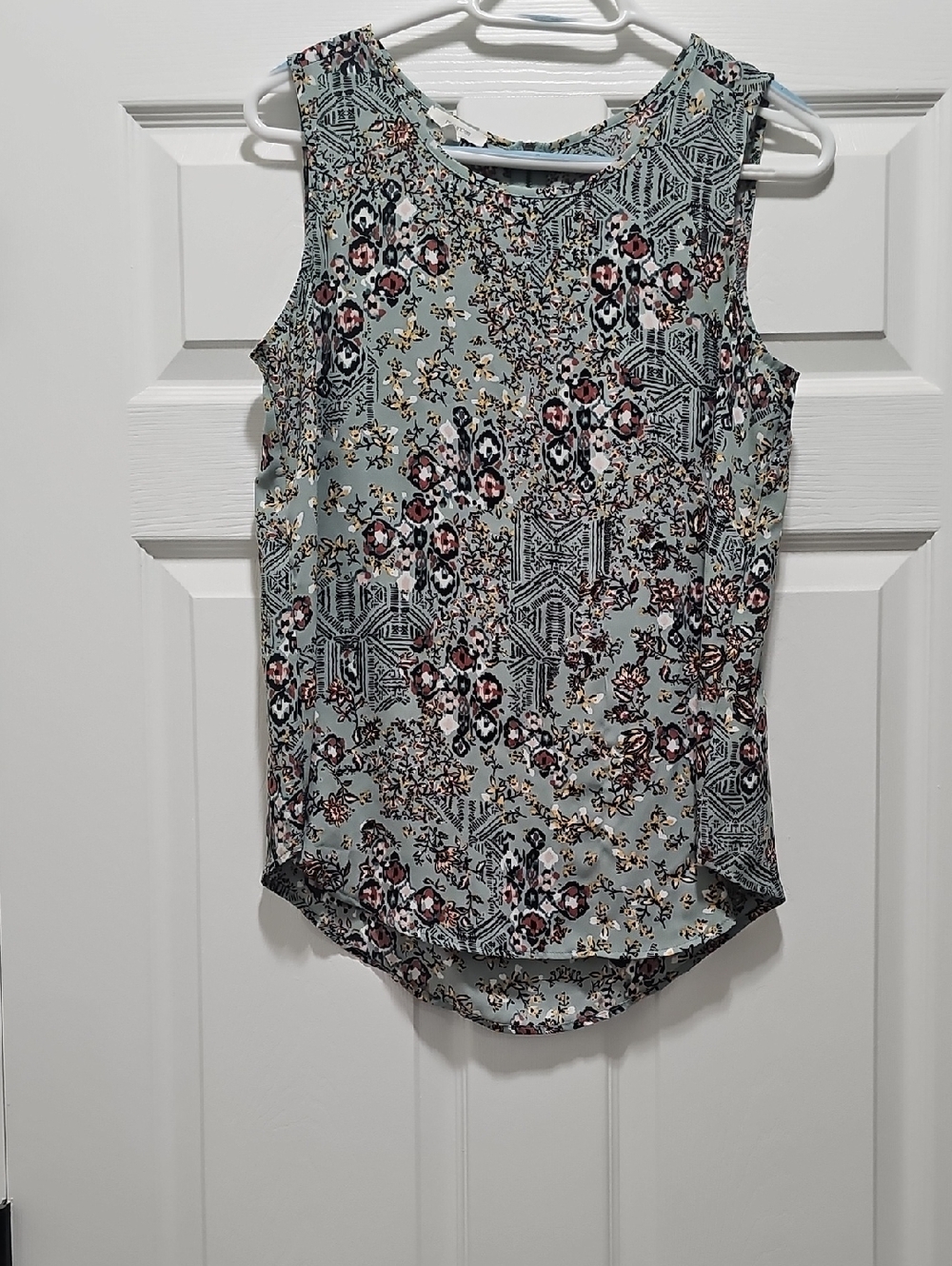 Maurices Floral Mosaic Sleeveless Tank - Sage Blue with Maroon Accents